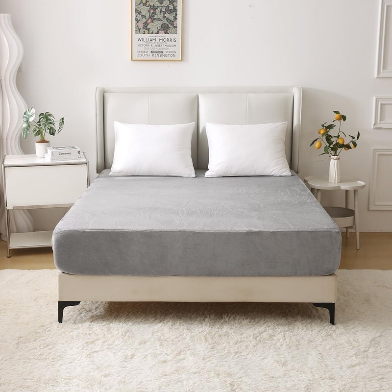 Nokolulu Velvet Queen Fitted Sheet Only- Ultra Soft Fuzzy Fleece Fitted Bottom Sheet - Plush Fluffy Cozy Flannel Sheet Queen Size - 18" Extra Deep Pocket (Light Grey, 60"x80") - Image 1